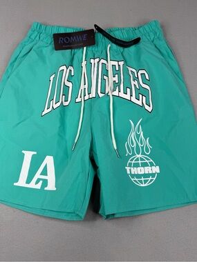 ROMWE Los Angeles Graphic Basketball Shorts Mens M Teal Y2K Streetwear NWT